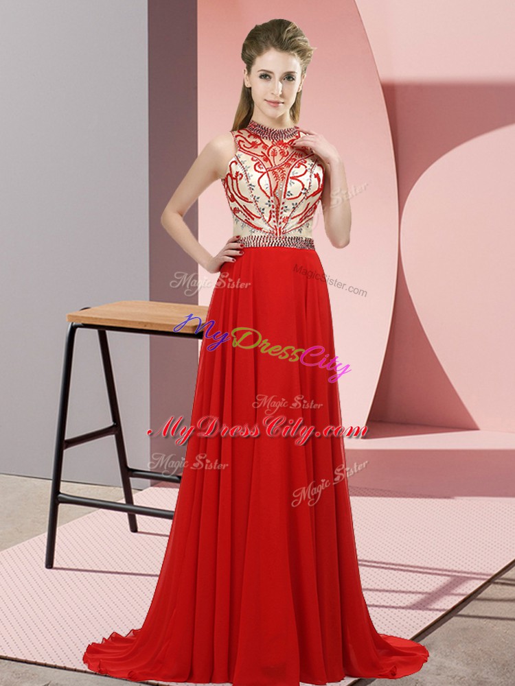 Extravagant Red Sleeveless Brush Train Beading Dress for Prom