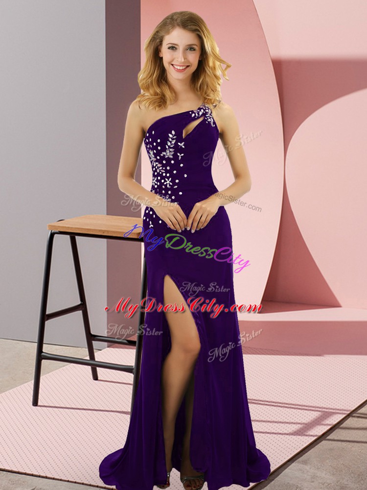 Low Price Sleeveless Beading Lace Up Homecoming Dresses with Purple Sweep Train