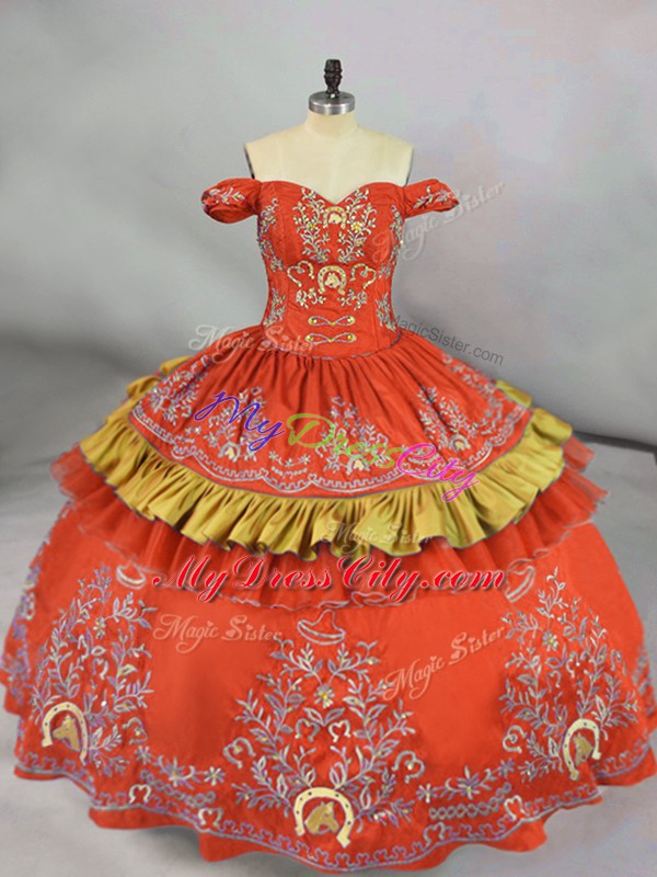 Embroidery Quinceanera Gown Orange Red Lace Up Sleeveless Floor Length