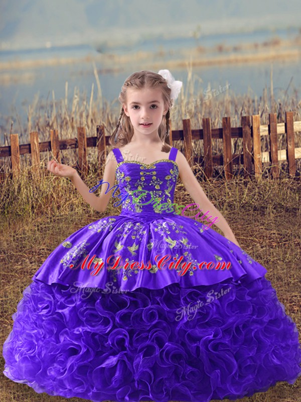 Purple Lace Up Little Girls Pageant Gowns Embroidery Sleeveless Sweep Train