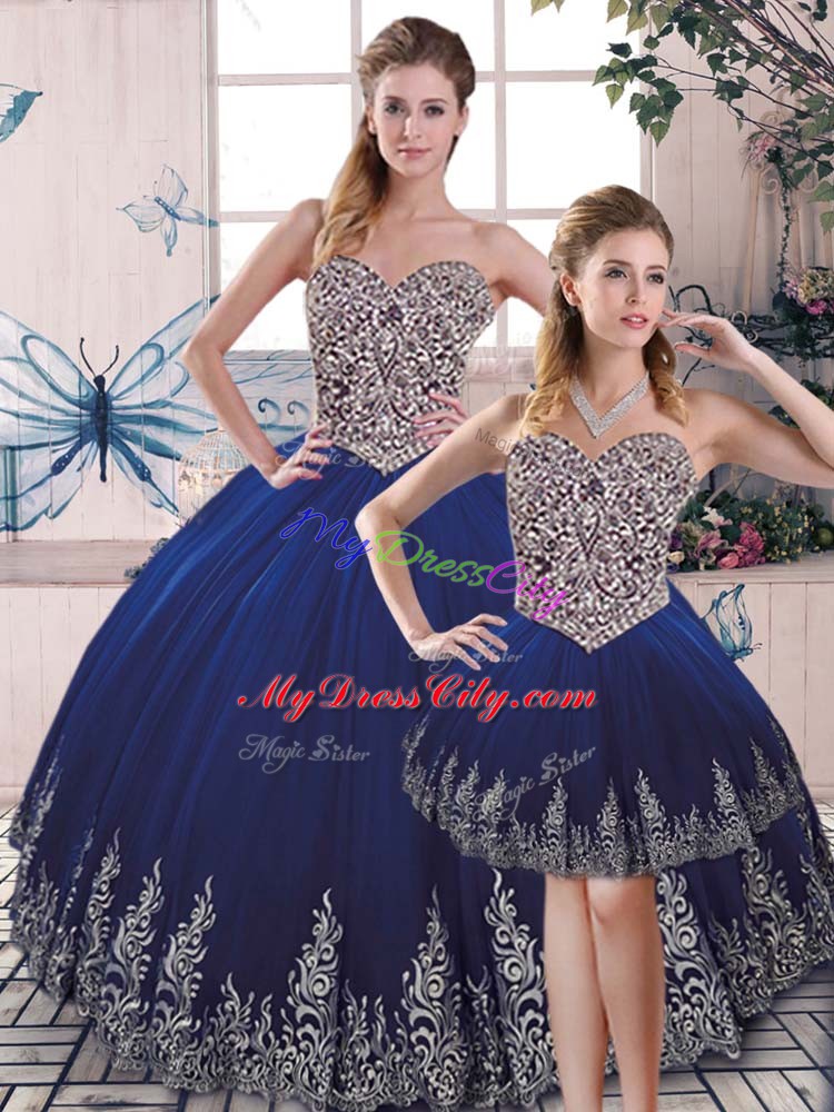 Luxury Floor Length Royal Blue Sweet 16 Dresses Sweetheart Sleeveless Lace Up