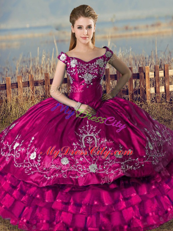 Customized Satin and Organza Off The Shoulder Sleeveless Lace Up Embroidery and Ruffled Layers Sweet 16 Dress in Fuchsia