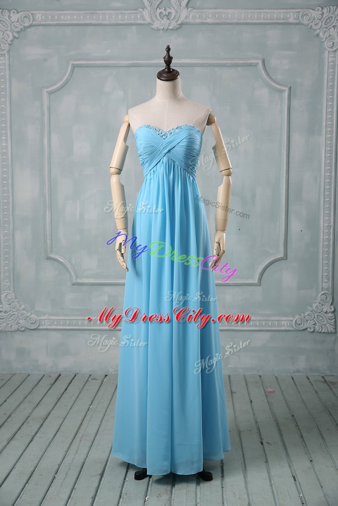 Fine Baby Blue Sleeveless Beading and Ruching Floor Length Juniors Evening Dress