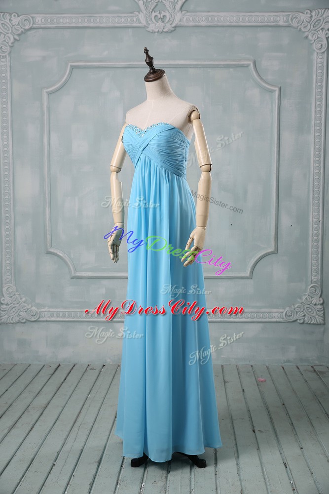 Fine Baby Blue Sleeveless Beading and Ruching Floor Length Juniors Evening Dress