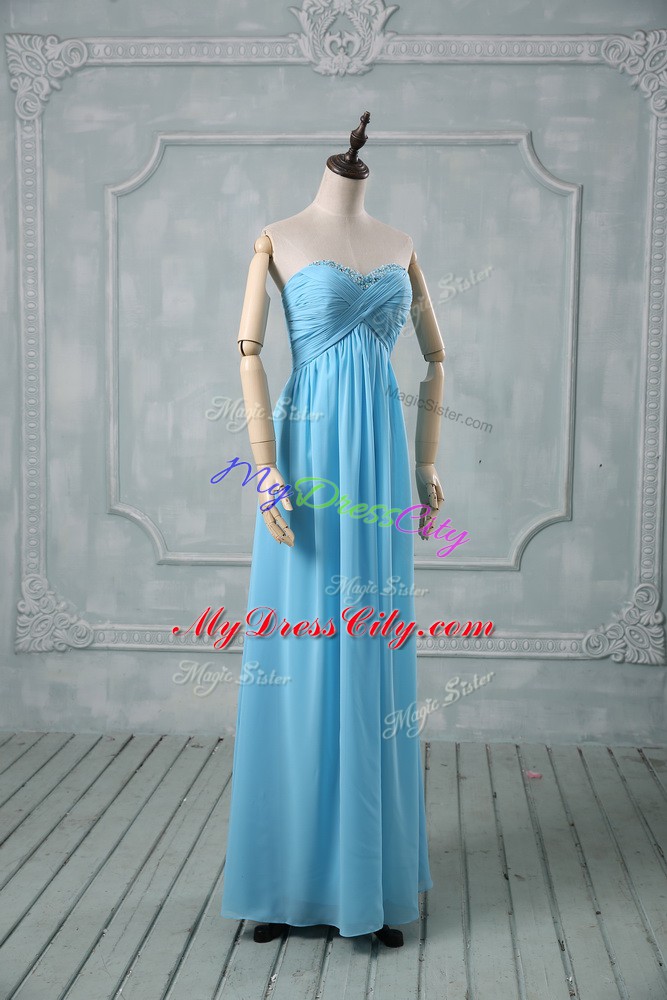 Fine Baby Blue Sleeveless Beading and Ruching Floor Length Juniors Evening Dress