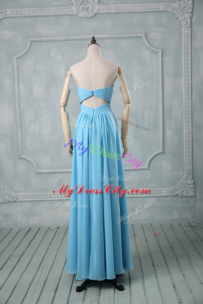 Fine Baby Blue Sleeveless Beading and Ruching Floor Length Juniors Evening Dress