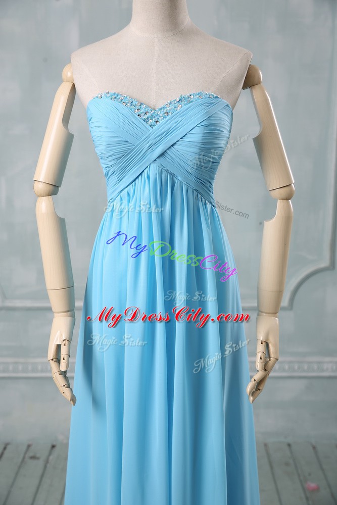 Fine Baby Blue Sleeveless Beading and Ruching Floor Length Juniors Evening Dress