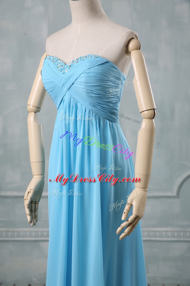 Fine Baby Blue Sleeveless Beading and Ruching Floor Length Juniors Evening Dress