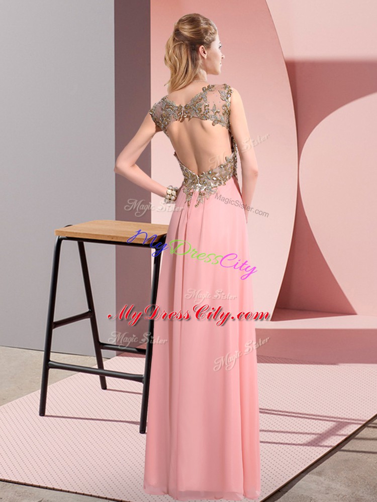 Suitable Peach Scoop Neckline Beading and Appliques Wedding Guest Dresses Sleeveless Backless