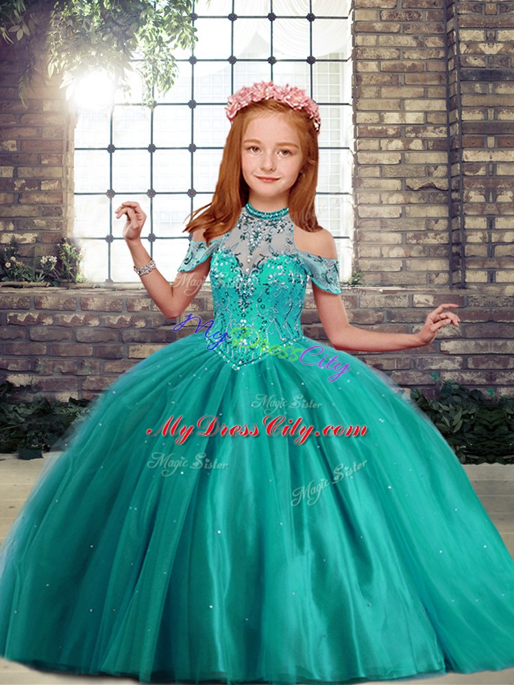 Super Turquoise Ball Gowns Beading Little Girls Pageant Dress Lace Up Tulle Sleeveless Floor Length