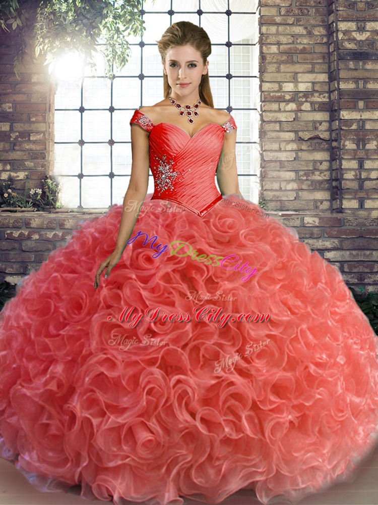 Ball Gowns Quince Ball Gowns Watermelon Red Off The Shoulder Fabric With Rolling Flowers Sleeveless Floor Length Lace Up