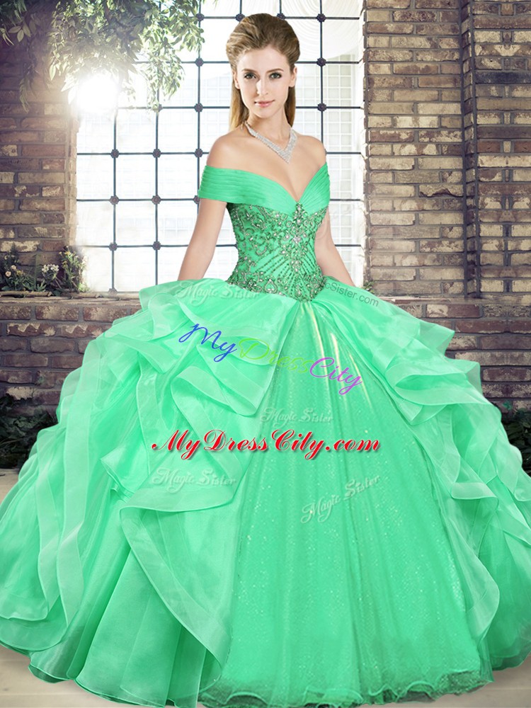 Luxurious Apple Green Sleeveless Floor Length Beading and Ruffles Lace Up Quinceanera Gown