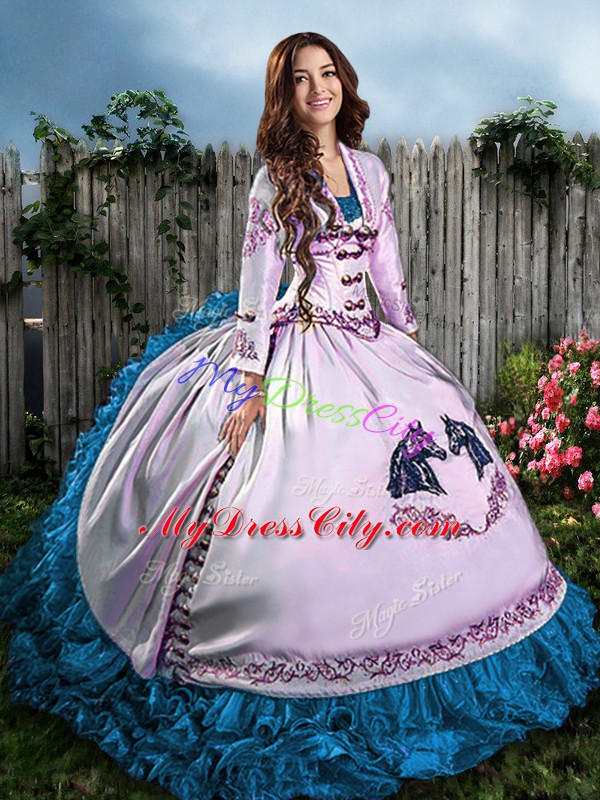 Floor Length Lace Up Sweet 16 Dresses Blue And White for Sweet 16 and Quinceanera with Embroidery