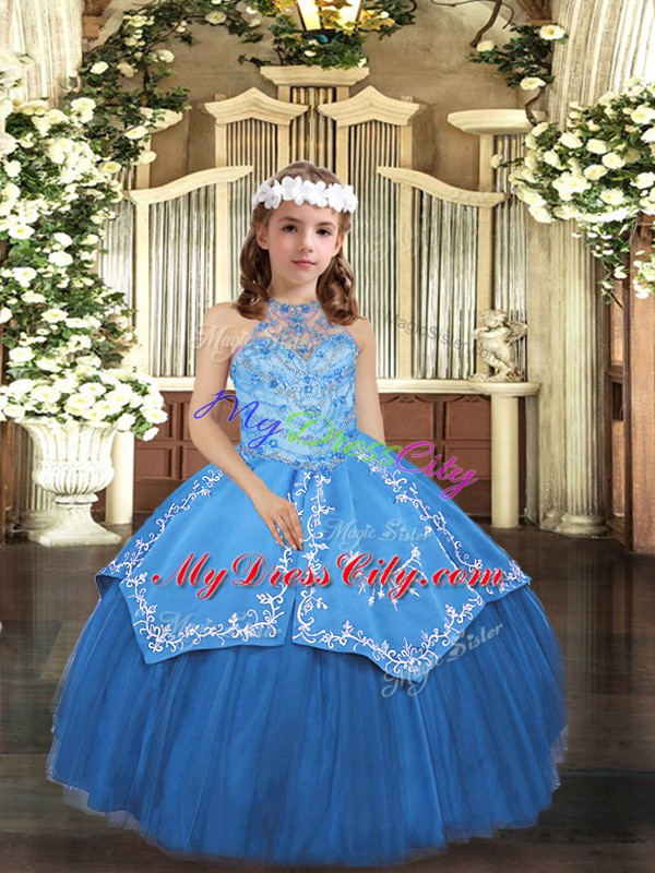 Blue Ball Gowns Tulle Halter Top Sleeveless Embroidery Floor Length Lace Up Child Pageant Dress