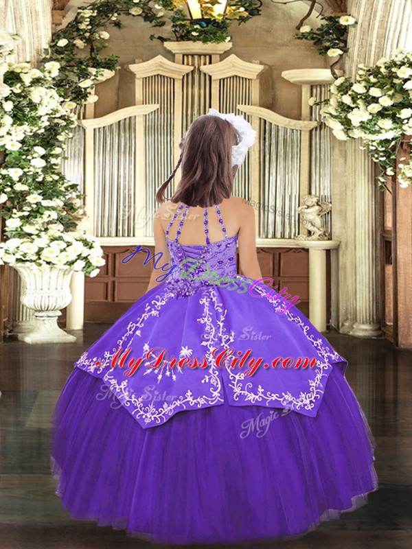 Blue Ball Gowns Tulle Halter Top Sleeveless Embroidery Floor Length Lace Up Child Pageant Dress