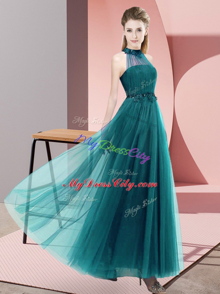 Teal Tulle Lace Up Halter Top Sleeveless Floor Length Wedding Party Dress Beading and Appliques