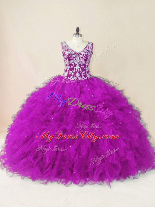 Beading Quince Ball Gowns Fuchsia Backless Sleeveless Floor Length