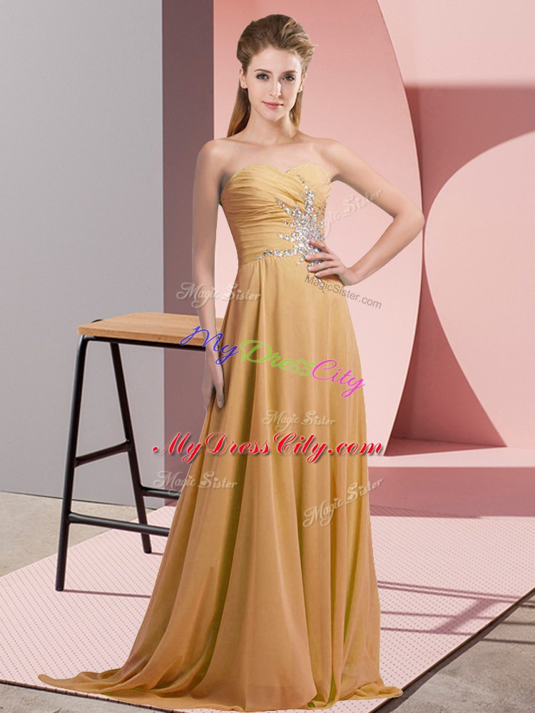 Most Popular Chiffon Sweetheart Sleeveless Lace Up Beading Evening Dress in Gold