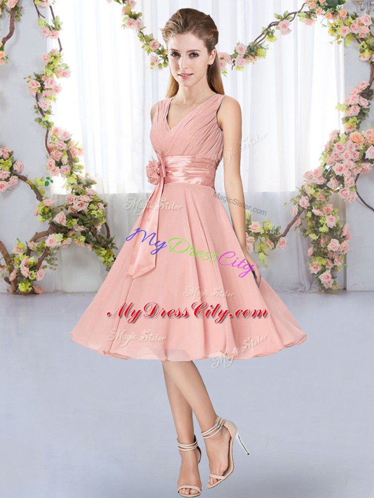 Trendy Pink Lace Up V-neck Hand Made Flower Dama Dress Chiffon Sleeveless