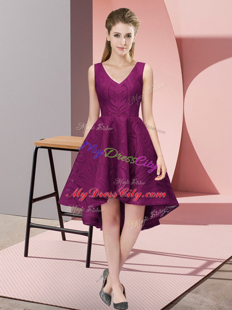 Chic Lace Bridesmaid Gown Dark Purple Zipper Sleeveless High Low