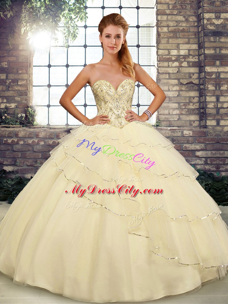 Light Yellow Lace Up Sweetheart Beading and Ruffled Layers 15th Birthday Dress Tulle Sleeveless Brush Train