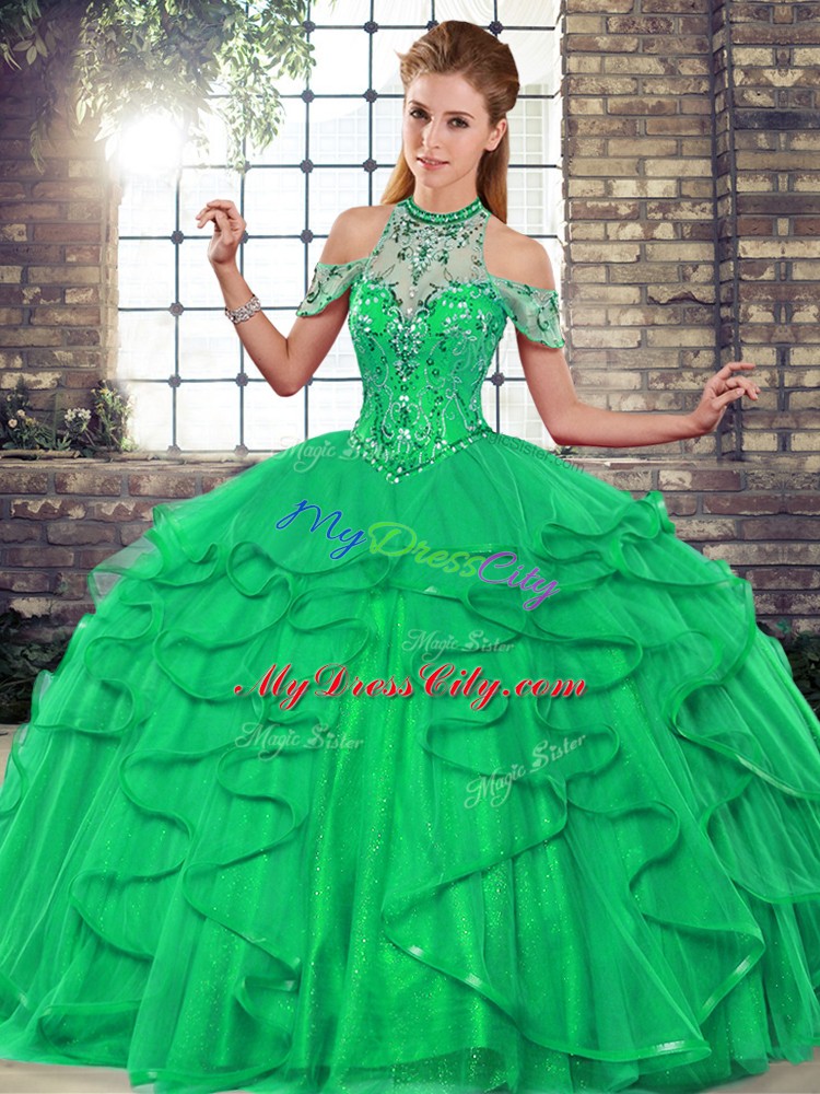 Floor Length Lace Up Sweet 16 Dress Green for Military Ball and Sweet 16 and Quinceanera with Beading and Ruffles