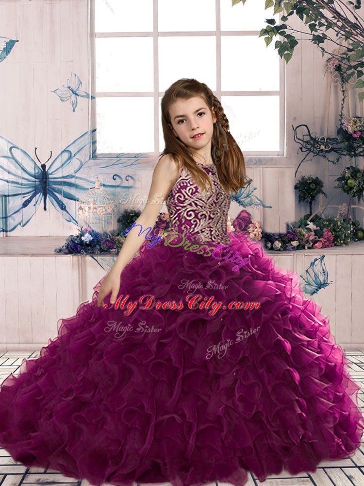 Scoop Sleeveless High School Pageant Dress Floor Length Beading and Ruffles Fuchsia Organza