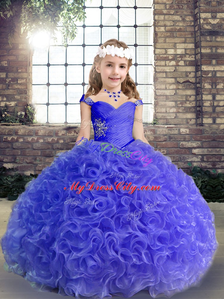 Purple Ball Gowns Beading and Ruching Child Pageant Dress Lace Up Fabric With Rolling Flowers Sleeveless Floor Length