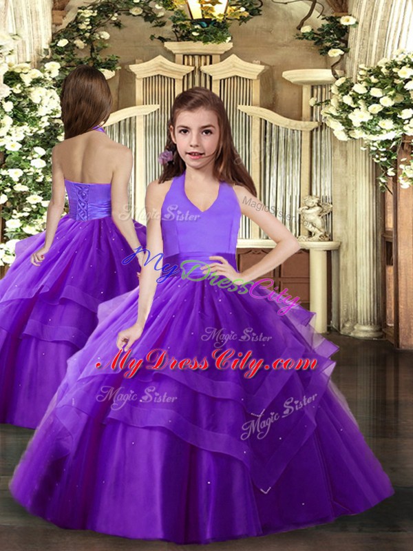 Ball Gowns Pageant Dress Wholesale Purple Halter Top Tulle Sleeveless Floor Length Lace Up