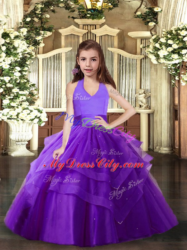 Ball Gowns Pageant Dress Wholesale Purple Halter Top Tulle Sleeveless Floor Length Lace Up