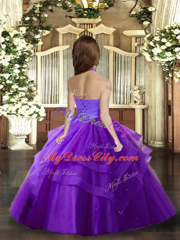 Ball Gowns Pageant Dress Wholesale Purple Halter Top Tulle Sleeveless Floor Length Lace Up