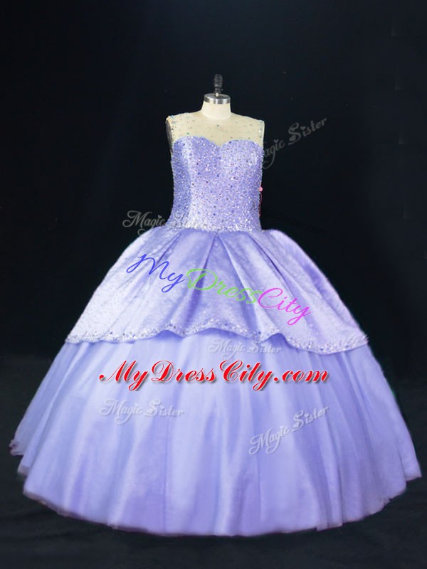 Lovely Lavender Ball Gowns Scoop Sleeveless Tulle Floor Length Lace Up Beading Quinceanera Gowns