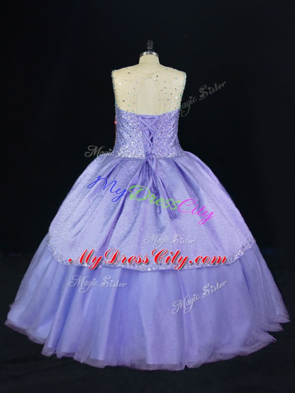 Lovely Lavender Ball Gowns Scoop Sleeveless Tulle Floor Length Lace Up Beading Quinceanera Gowns