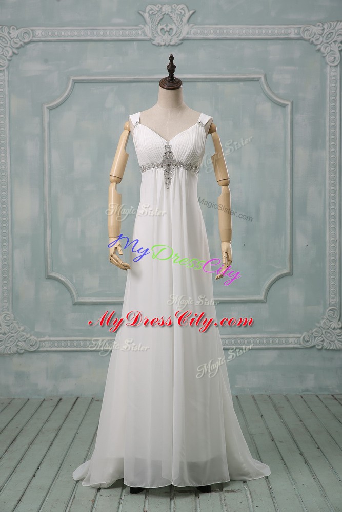 Classical Chiffon Sleeveless Wedding Gowns Brush Train and Beading