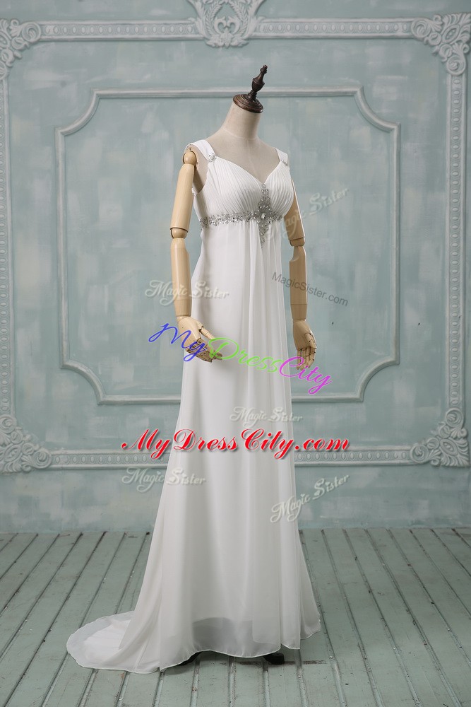 Classical Chiffon Sleeveless Wedding Gowns Brush Train and Beading