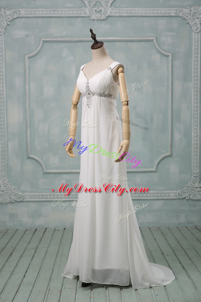 Classical Chiffon Sleeveless Wedding Gowns Brush Train and Beading