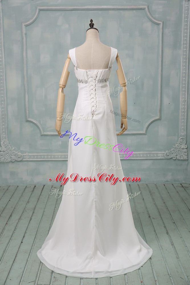 Classical Chiffon Sleeveless Wedding Gowns Brush Train and Beading