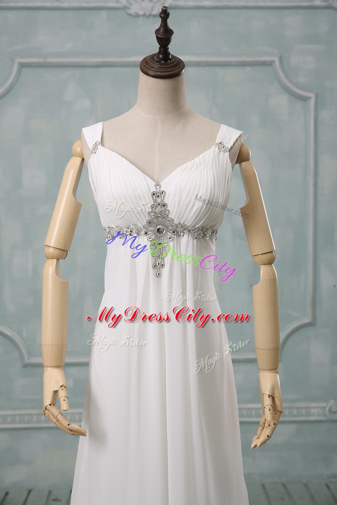 Classical Chiffon Sleeveless Wedding Gowns Brush Train and Beading