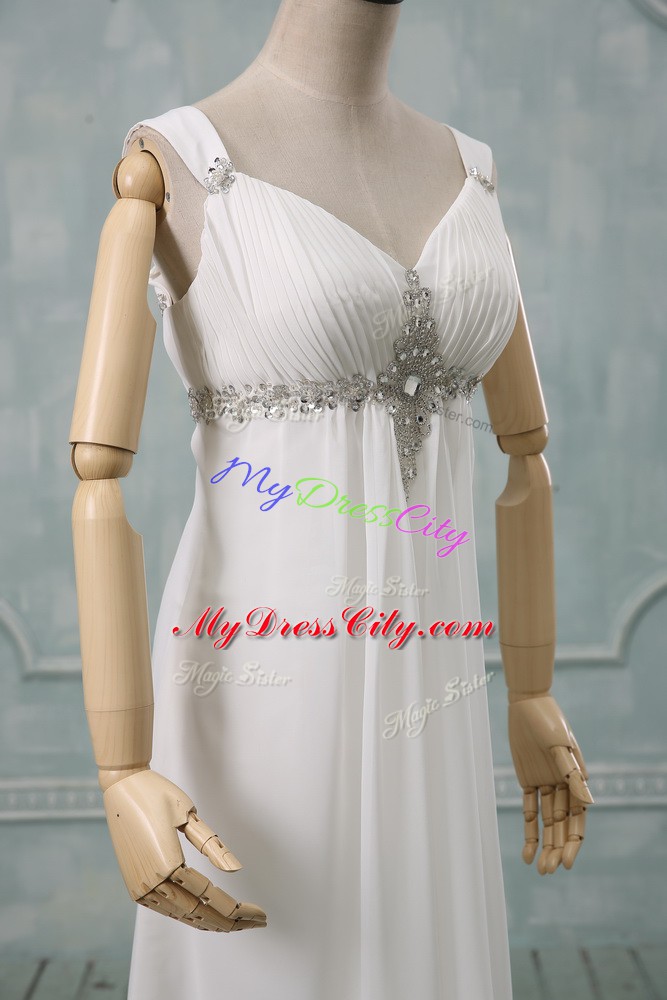 Classical Chiffon Sleeveless Wedding Gowns Brush Train and Beading