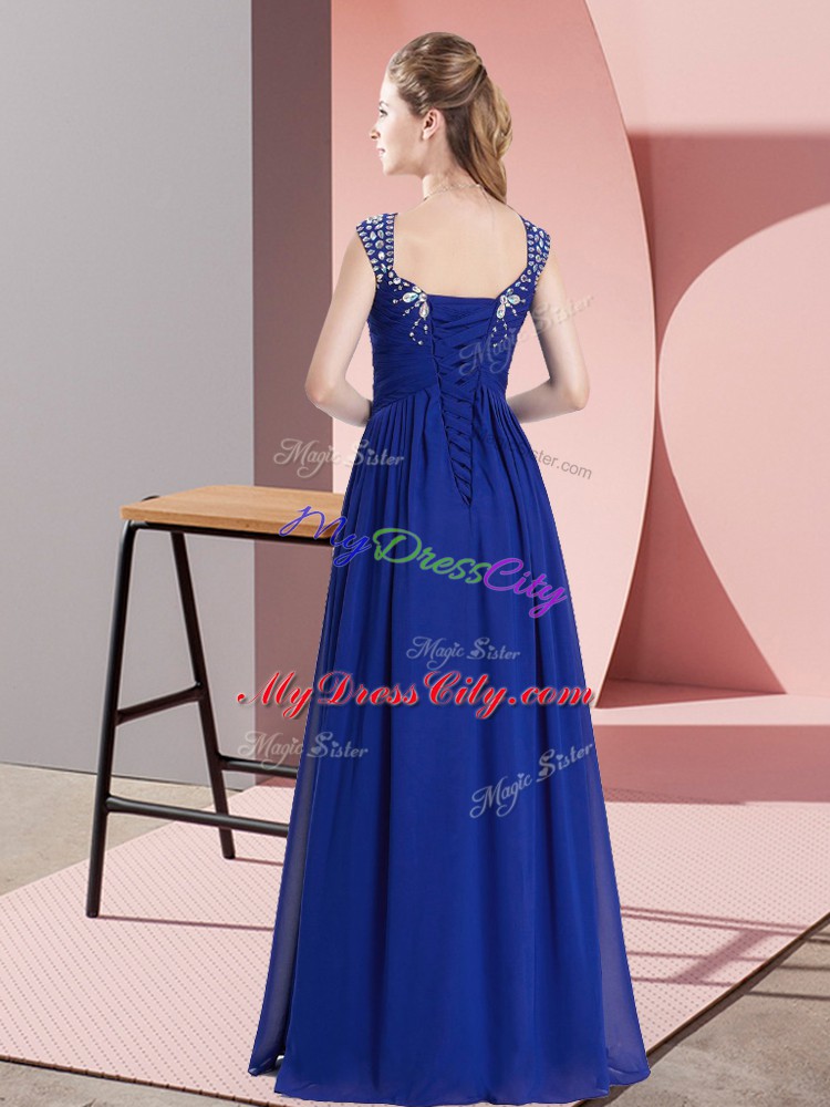 Deluxe Beading Evening Outfits Blue Lace Up Cap Sleeves Floor Length