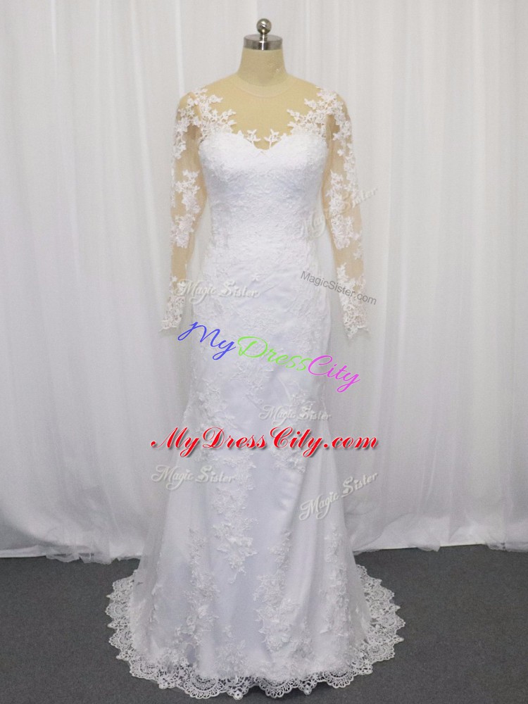 Graceful White Scoop Neckline Lace Wedding Gown Long Sleeves Clasp Handle