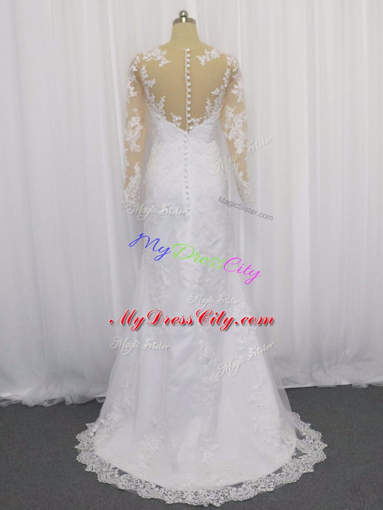 Graceful White Scoop Neckline Lace Wedding Gown Long Sleeves Clasp Handle