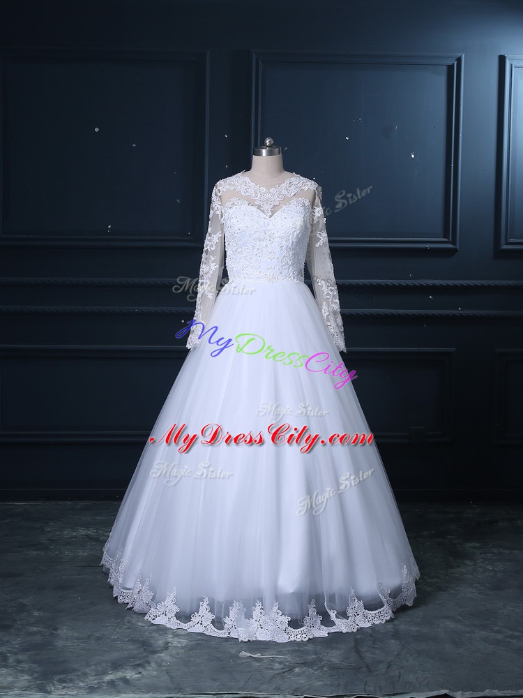 White Scoop Lace Up Lace Wedding Gowns Brush Train Long Sleeves