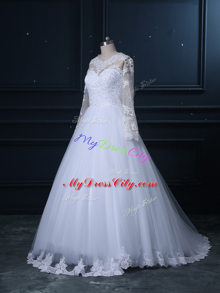 White Scoop Lace Up Lace Wedding Gowns Brush Train Long Sleeves