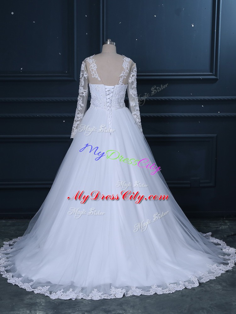 White Scoop Lace Up Lace Wedding Gowns Brush Train Long Sleeves