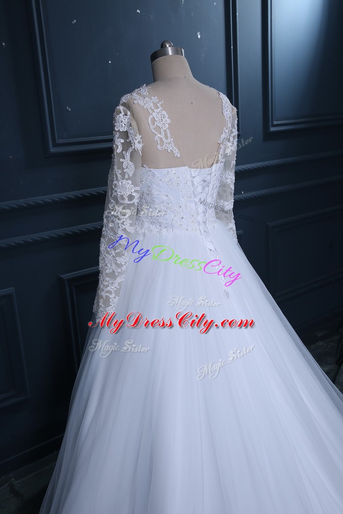 White Scoop Lace Up Lace Wedding Gowns Brush Train Long Sleeves