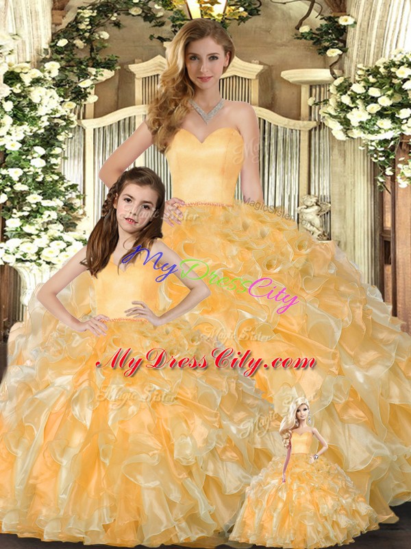 New Arrival Floor Length Lace Up Quinceanera Gowns Gold for Military Ball and Sweet 16 and Quinceanera with Beading and Ruffles