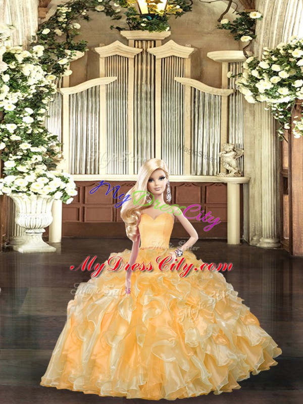 New Arrival Floor Length Lace Up Quinceanera Gowns Gold for Military Ball and Sweet 16 and Quinceanera with Beading and Ruffles