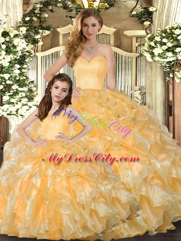 New Arrival Floor Length Lace Up Quinceanera Gowns Gold for Military Ball and Sweet 16 and Quinceanera with Beading and Ruffles