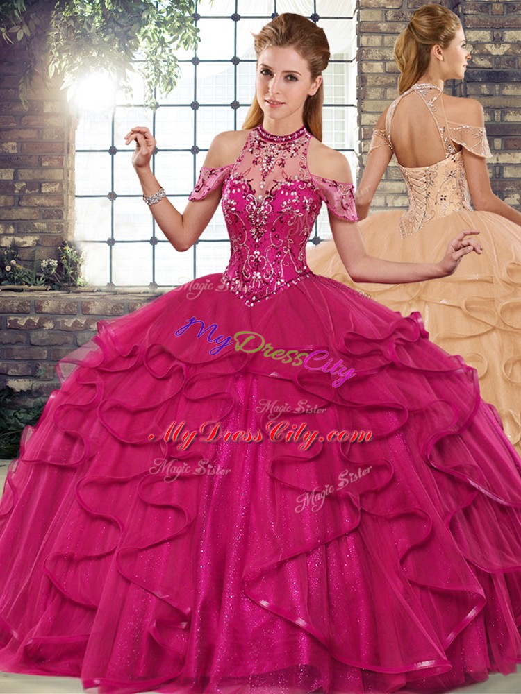 Charming Fuchsia Ball Gowns Tulle Halter Top Sleeveless Beading and Ruffles Floor Length Lace Up Quinceanera Dresses